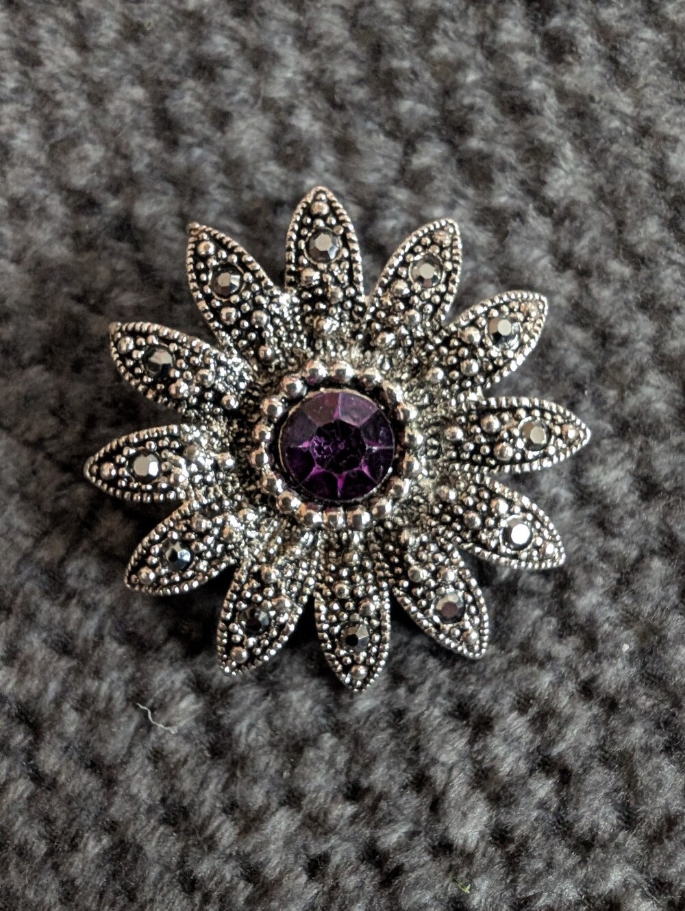 Vintage Silver Floral Brooch Amethyst Stone
